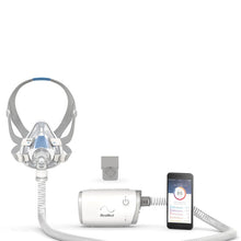 Load image into Gallery viewer, Resmed AirMini CPAP machine starter kit pictured with smartphone displaying Airnini app