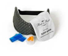 Load image into Gallery viewer, Luxury Memory Foam Anti-Fatigue Eye Mask pictured with ear plugs and cooling gel inserts