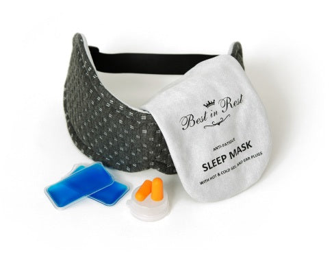 Luxury Memory Foam Anti-Fatigue Eye Mask pictured with ear plugs and cooling gel inserts